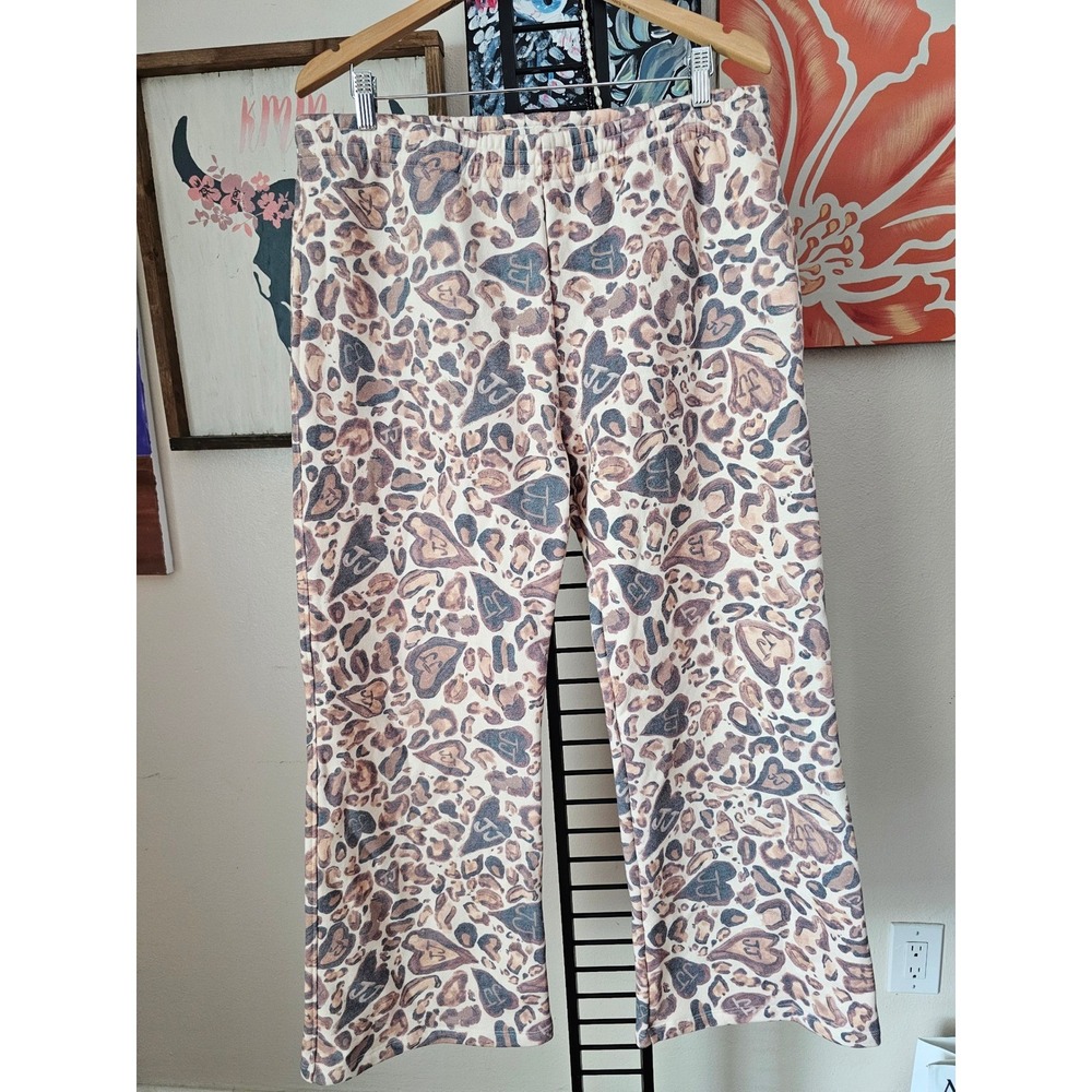 JJ JULIET JOHNSTONE Leopard Heart Print Wide Leg Sweatpants Tan Brown L